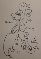 Size: 514x738 | Tagged: safe, artist:nekotigerfire, imported from derpibooru, part of a set, tianhuo, longma, them's fightin' herds, community related, female, flight, flying, monochrome, open mouth, solo, tianhuo (tfh), traditional art