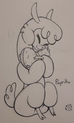 Size: 425x705 | Tagged: safe, artist:nekotigerfire, imported from derpibooru, part of a set, paprika paca, alpaca, them's fightin' herds, community related, eyes closed, female, heart, heart pillow, hug, monochrome, paprika (tfh), pillow, pillow hug, sitting, solo, traditional art