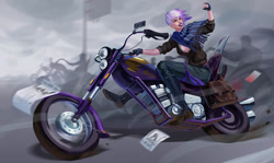 Size: 1023x610 | Tagged: dead source, safe, imported from derpibooru, gilda, human, badass, biker, boots, breasts, chopper, clothes, fingerless gloves, gloves, high heel boots, humanized, jacket, leather jacket, looking back, motorcycle, pants, raised fist, rubber boots, shoes, smiling, solo focus