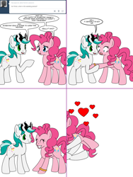 Size: 1204x1604 | Tagged: safe, artist:dekomaru, imported from derpibooru, pinkie pie, oc, oc:dazzle, earth pony, pony, tumblr:ask twixie, ask, canon x oc, comic, engagement ring, female, glomp, happy, heart, male, ring, shipping, simple background, stallion, straight, tumblr, white background