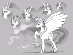 Size: 4800x3600 | Tagged: safe, artist:amarynceus, imported from derpibooru, princess celestia, alicorn, pony, angry, crown, eyes closed, female, jewelry, mare, monochrome, raised hoof, regalia, sketch, solo, worried