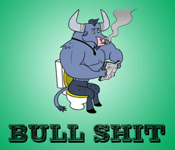 Size: 1732x1485 | Tagged: safe, artist:banebuster, imported from derpibooru, iron will, minotaur, bullshit, but why, cigarette, cigarette smoke, gradient background, green background, joke, male, necktie, newspaper, nose piercing, nose ring, piercing, pun, reaction image, reading, septum piercing, simple background, sitting, smoking, solo, text, toilet, visual pun, vulgar, word play