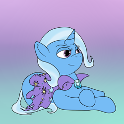 Size: 1200x1200 | Tagged: safe, artist:pavlovzdawg, imported from derpibooru, trixie, pony, unicorn, female, gradient background, lying down, mare, prone, solo