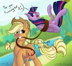 Size: 2500x2300 | Tagged: safe, artist:creativitybox18, artist:shamy-crist, imported from derpibooru, applejack, twilight sparkle, alicorn, pony, bondage, bound, bound wings, censored, censored vulgarity, collaboration, high res, lasso, mouth hold, rope, rope bondage, tied up, twilight sparkle (alicorn)