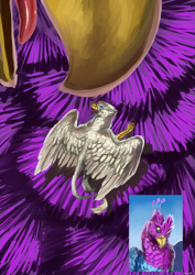 Size: 763x1080 | Tagged: safe, artist:rhaenjarr, imported from derpibooru, oc, oc only, oc:der, oc:gyro feather, oc:gyro tech, griffon, beak, behaving like a bird, birds doing bird things, close-up, duo, feather, griffonized, male, micro, picture in picture, preening, species swap, tongue out