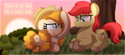 Size: 3768x1664 | Tagged: safe, artist:bubbly-storm, imported from derpibooru, bright mac, pear butter, earth pony, pony, the perfect pear, accessory swap, brightbutter, female, holiday, male, mare, shipping, stallion, straight, tree, valentine's day, you're in my head like a catchy song