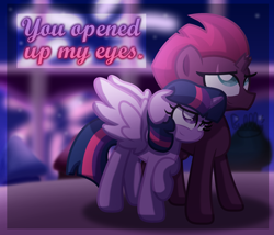 Size: 2777x2377 | Tagged: safe, artist:bubbly-storm, imported from derpibooru, tempest shadow, twilight sparkle, alicorn, pony, unicorn, my little pony: the movie, broken horn, eye scar, female, holiday, lesbian, mare, open up your *very* eyes, open up your eyes, scar, shipping, tempestlight, twilight sparkle (alicorn), valentine's day