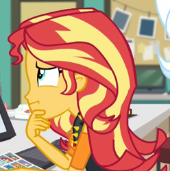 Size: 384x387 | Tagged: safe, imported from derpibooru, screencap, sunset shimmer, trixie, equestria girls, equestria girls series, forgotten friendship, :i, cropped