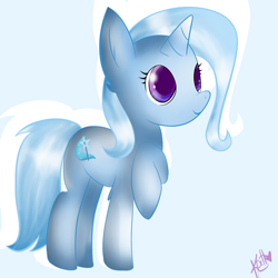 Size: 1024x1024 | Tagged: safe, artist:bl00kykatt, imported from derpibooru, trixie, pony, unicorn, blue background, colored pupils, ear fluff, female, leg fluff, mare, raised hoof, signature, simple background, solo