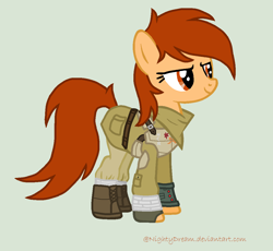 Size: 1110x1022 | Tagged: safe, artist:dreamy990, artist:nightydream, imported from derpibooru, oc, oc only, oc:jackie juice, earth pony, pony, fallout equestria, clothes, female, mare, solo, uniform