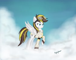 Size: 2636x2088 | Tagged: safe, artist:dreamy990, artist:nightydream, imported from derpibooru, oc, oc only, oc:ruffian, pegasus, pony, clothes, cloud, female, goggles, high res, mare, raised hoof, shirt, solo