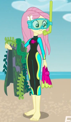 Size: 365x631 | Tagged: safe, imported from derpibooru, screencap, fluttershy, equestria girls, equestria girls series, forgotten friendship, barefoot, beach, cropped, dive mask, diving goggles, feet, female, flippers, flippers (gear), fluttershy's wetsuit, goggles, snorkel, solo, wetsuit