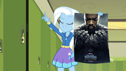 Size: 1920x1080 | Tagged: safe, edit, edited screencap, imported from derpibooru, screencap, trixie, equestria girls, equestria girls series, forgotten friendship, african, base used, black panther, canterlot high, chadwick boseman, eyes closed, female, hallway, lockers, marvel, marvel cinematic universe, marvel comics, meme, movie poster, pointing, solo, trixie's poster