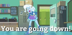 Size: 1080x526 | Tagged: safe, edit, edited screencap, imported from derpibooru, screencap, trixie, equestria girls, equestria girls series, forgotten friendship, angry, boots, canterlot high, clothes, female, high heel boots, high heels, hoodie, image macro, meme, pointing, shoes, sick puppies, skirt, socks, solo, trixie yells at everything