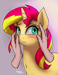 Size: 2000x2600 | Tagged: safe, artist:hardbrony, imported from derpibooru, sunset shimmer, human, pony, unicorn, blushing, cheek fluff, cheek rub, chest fluff, cute, daaaaaaaaaaaw, disembodied hand, female, hand, human on pony petting, mare, petting, shimmerbetes, simple background, solo focus, touching face