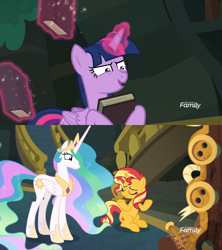 Size: 1920x2160 | Tagged: safe, edit, imported from derpibooru, screencap, princess celestia, sunset shimmer, twilight sparkle, alicorn, pony, unicorn, equestria girls, equestria girls series, forgotten friendship, book, bookhorse, discovery family logo, eyes closed, faic, library, magic, shrug, shrugset shimmer, sitting, smiling, squint, stairs, telekinesis, that pony sure does love books, twilight sparkle (alicorn), underhoof