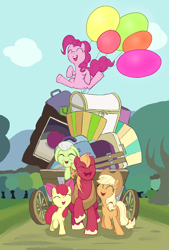 Size: 1560x2304 | Tagged: safe, artist:noupu, imported from derpibooru, apple bloom, applejack, big macintosh, granny smith, pinkie pie, earth pony, pony, pinkie apple pie, apple family, apples to the core, balloon, bow, chest, female, luggage, male, mare, picture, scene interpretation, stallion, wagon