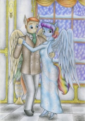 Size: 1223x1742 | Tagged: safe, artist:sinaherib, imported from derpibooru, oc, oc only, oc:rainfall, oc:summer wind, anthro, pegasus, anthro oc, clothes, dress, female, male, mare, oc x oc, offspring, offspring shipping, parent:big macintosh, parent:fluttershy, parent:rainbow dash, parent:soarin', parents:fluttermac, parents:soarindash, shipping, stallion, straight, suit, traditional art, waltz