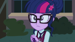 Size: 1280x720 | Tagged: safe, imported from derpibooru, screencap, sci-twi, twilight sparkle, equestria girls, friendship games, clothes, crystal prep academy uniform, female, glasses, hair bun, hairpin, magic capture device, school uniform, solo