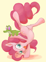 Size: 786x1067 | Tagged: safe, artist:noupu, imported from derpibooru, gummy, pinkie pie, female, hoof stand, looking at you, mare, pinkie being pinkie, simple background, upside down