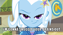 Size: 600x339 | Tagged: safe, edit, edited screencap, imported from derpibooru, screencap, trixie, equestria girls, equestria girls series, forgotten friendship, bedroom eyes, caption, cute, diatrixes, female, image macro, meme, raised eyebrow, smiling, smirk, solo, trixie yells at everything