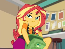 Size: 1088x810 | Tagged: safe, imported from derpibooru, screencap, sunset shimmer, equestria girls, equestria girls series, forgotten friendship, bag, classroom, clothes, jacket