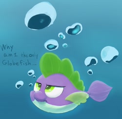 Size: 831x808 | Tagged: safe, artist:noupu, imported from derpibooru, spike, fish, puffer fish, my little pony: the movie, male, solo, species swap, spike the pufferfish, underwater