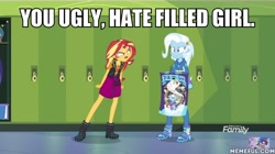 Size: 600x337 | Tagged: safe, edit, edited screencap, imported from derpibooru, screencap, sunset shimmer, trixie, equestria girls, equestria girls series, forgotten friendship, hurricane neddy, image macro, meme, memeful.com, out of character, the simpsons