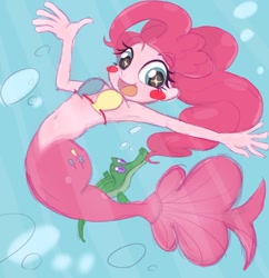 Size: 900x929 | Tagged: safe, artist:noupu, imported from derpibooru, gummy, pinkie pie, mermaid, equestria girls, my little pony: the movie, armpits, belly button, bikini, bikini top, bra, clothes, looking at you, mermaidized, midriff, seashell bra, species swap, starry eyes, swimsuit, underwater, wingding eyes