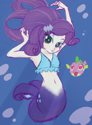 Size: 3000x4080 | Tagged: safe, artist:noupu, imported from derpibooru, rarity, spike, mermaid, puffer fish, equestria girls, my little pony: the movie, armpits, belly button, bikini, bikini top, clothes, female, looking at you, mermaidized, midriff, species swap, spike the pufferfish, swimsuit, underwater