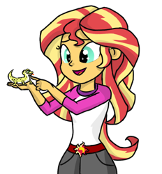 Size: 650x700 | Tagged: safe, artist:boushi33, imported from derpibooru, ray, sunset shimmer, gecko, eqg summertime shorts, equestria girls, legend of everfree, pet project, camp everfree outfits, clothes, cute, duo, open mouth, pet, shimmerbetes, shorts, simple background, white background