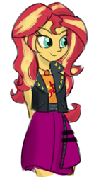 Size: 419x733 | Tagged: safe, artist:boushi33, imported from derpibooru, sunset shimmer, equestria girls, equestria girls series, clothes, cute, female, hands behind back, jacket, leather jacket, simple background, skirt, solo, white background