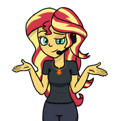 Size: 682x663 | Tagged: safe, artist:boushi33, imported from derpibooru, sunset shimmer, equestria girls, equestria girls series, opening night, choose sunset shimmer, clothes, director shimmer, female, geode of empathy, headset, looking at you, magical geodes, pants, shrug, shrugset shimmer, simple background, solo, transparent background