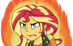 Size: 840x525 | Tagged: safe, artist:boushi33, imported from derpibooru, sunset shimmer, equestria girls, equestria girls series, forgotten friendship, angry, clothes, female, fiery shimmer, fire, gritted teeth, simple background, solo, transparent background