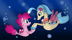 Size: 1972x1104 | Tagged: safe, artist:boushi33, imported from derpibooru, pinkie pie, princess skystar, pony, seapony (g4), my little pony: the movie, duo, female, ocean, one small thing, seaponified, seapony pinkie pie, species swap, underwater