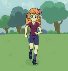 Size: 894x930 | Tagged: safe, artist:boushi33, imported from derpibooru, orange sherbette, equestria girls, friendship games, background human, clothes, crystal prep academy, crystal prep shadowbolts, female, looking at you, scenery, shoes, shorts, sneakers, solo, student, sweat, tree