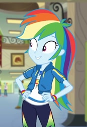 Size: 351x507 | Tagged: safe, imported from derpibooru, screencap, rainbow dash, best trends forever, equestria girls, equestria girls series, best trends forever: rainbow dash, bracelet, clothes, cropped, cute, dashabetes, female, geode of super speed, grin, hoodie, jewelry, magical geodes, pants, smiling, sweatpants, this is amazing