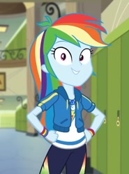 Size: 371x502 | Tagged: safe, imported from derpibooru, screencap, rainbow dash, best trends forever, equestria girls, equestria girls series, best trends forever: rainbow dash, canterlot high, cropped, cute, dashabetes, female, geode of super speed, grin, happy, magical geodes, smiling