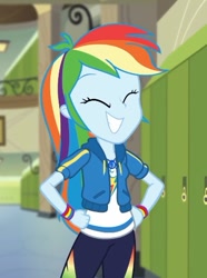 Size: 374x503 | Tagged: safe, imported from derpibooru, screencap, rainbow dash, best trends forever, equestria girls, equestria girls series, best trends forever: rainbow dash, bracelet, clothes, cropped, cute, cutie mark on clothes, dashabetes, eyes closed, female, geode of super speed, hand on hip, hoodie, jewelry, magical geodes, multicolored hair, necklace, pants, shirt, smiling, sweatpants, teeth