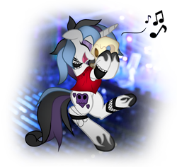 Size: 1765x1666 | Tagged: safe, artist:thecreativeenigma, imported from derpibooru, oc, oc only, oc:sugar skull, pony, unicorn, choker, clothes, female, mare, shirt, simple background, singing, skull, solo, transparent background