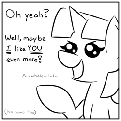 Size: 540x540 | Tagged: safe, artist:glimglam, imported from derpibooru, twilight sparkle, pony, unicorn, beady eyes, black and white, dialogue, female, grayscale, mare, monochrome, no homo, open mouth, pointing, simple background, solo, white background