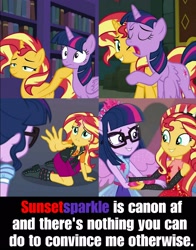 Size: 1602x2048 | Tagged: safe, imported from derpibooru, sci-twi, sunset shimmer, twilight sparkle, alicorn, pony, unicorn, equestria girls, equestria girls series, forgotten friendship, background pony strikes again, drama bait, female, headcanon, image macro, lesbian, meme, op is a duck, op is trying to start shit, ponied up, scitwishimmer, shipping, shipping fuel, sunsetsparkle, twilight sparkle (alicorn)