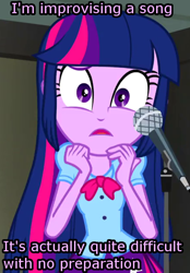 Size: 500x720 | Tagged: safe, edit, edited screencap, imported from derpibooru, screencap, twilight sparkle, alicorn, equestria girls, rainbow rocks, ashens, cropped, female, image macro, meme, microphone, solo, twilight sparkle (alicorn), worried