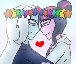 Size: 400x337 | Tagged: safe, artist:paulet-chan06, imported from derpibooru, trixie, twilight sparkle, best trends forever, equestria girls, equestria girls series, best trends forever: twilight sparkle, female, floral head wreath, flower, heart, lesbian, shipping, twixie