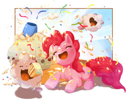 Size: 820x657 | Tagged: safe, artist:oldwu, imported from derpibooru, pinkie pie, earth pony, pony, swirlix, cake, crossover, cute, female, food, party cannon, pokémon, streamers