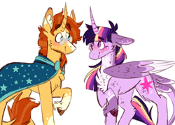 Size: 1024x732 | Tagged: safe, artist:wanderingpegasus, imported from derpibooru, sunburst, twilight sparkle, alicorn, classical unicorn, pony, unicorn, blushing, chest fluff, cloven hooves, curved horn, eye contact, female, leonine tail, looking at each other, male, mare, raised hoof, shipping, simple background, stallion, straight, twiburst, twilight sparkle (alicorn), unshorn fetlocks, white background