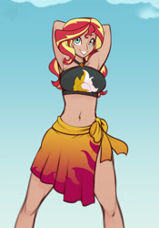 Size: 1332x1900 | Tagged: safe, artist:scorpdk, imported from derpibooru, sunset shimmer, human, equestria girls, equestria girls series, forgotten friendship, adorasexy, arm behind head, armpits, belly button, bikini, blue background, breasts, busty sunset shimmer, clothes, cute, female, gradient background, human coloration, humanized, looking at you, midriff, sarong, sexy, shimmerbetes, simple background, smiling, smiling at you, solo, stretching, summer sunset, swimsuit