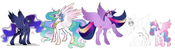 Size: 4100x1159 | Tagged: safe, artist:wolfyfree, imported from derpibooru, princess cadance, princess celestia, princess flurry heart, princess luna, twilight sparkle, alicorn, alicorn pentarchy, rearing, simple background, transparent background, twilight sparkle (alicorn)