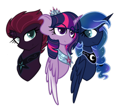 Size: 1300x1100 | Tagged: safe, artist:gallantserver, artist:thepegasisterpony, imported from derpibooru, princess luna, tempest shadow, twilight sparkle, alicorn, my little pony: the movie, female, lesbian, polyamory, shipping, simple background, tempestlight, tempestluna, transparent background, twilight sparkle (alicorn), twiluna, twilunapest