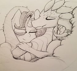 Size: 1024x952 | Tagged: safe, artist:zalla661, imported from derpibooru, princess ember, starlight glimmer, dragon, pony, 10 minute art challenge, cuddling, emberglimmer, female, interspecies, lesbian, monochrome, shipping, traditional art